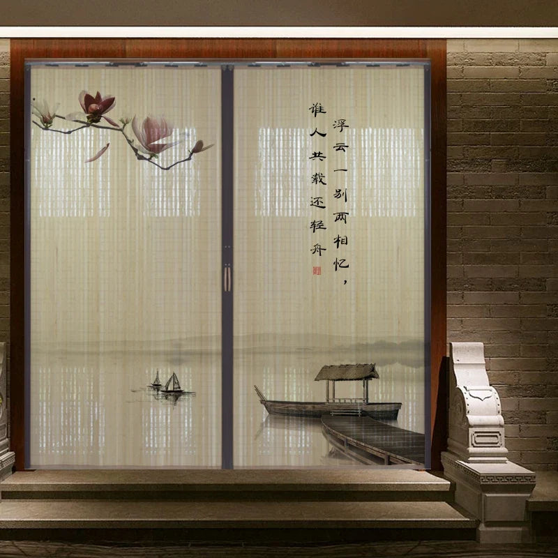 Printed Bamboo Sliding Door Partition Traditional Chinese Room Divider Foldable Screen