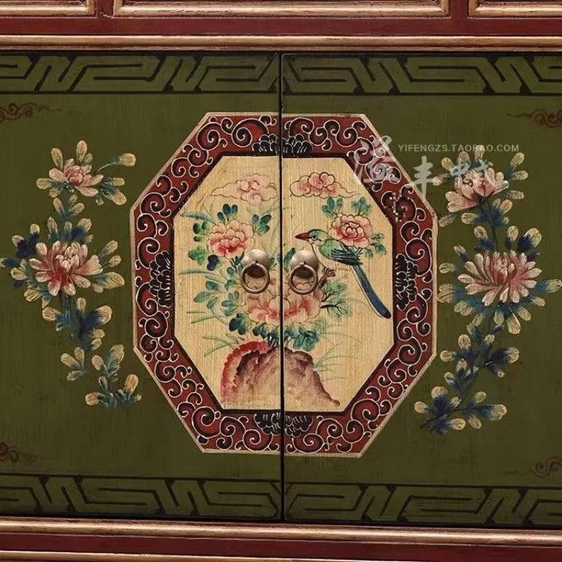 Hand-Painted Ming–Qing Style Entrance Cabinet – Solid Wood Two-Door Sideboard