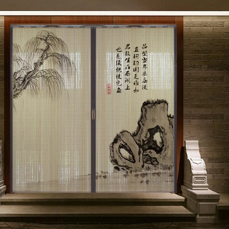 Printed Bamboo Sliding Door Partition Traditional Chinese Room Divider Foldable Screen