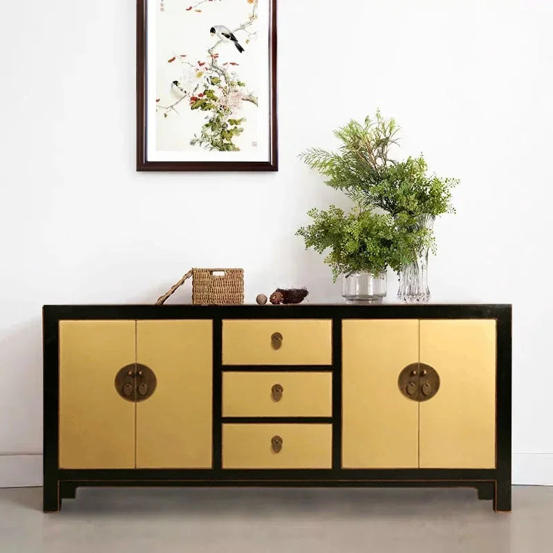 Chinese Solid Wood Gold Sideboard – Ming & Qing Inspired 4‑Door Foyer & Dining Cabinet