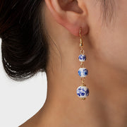 Blue And White Porcelain Ceramic Beads Long Earrings