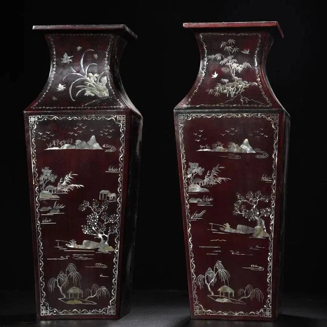 Pair of Semi-Antique Tibetan Temple Lacquerware Square Vases – Painted Landscape (35cm)