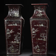 Pair of Semi-Antique Tibetan Temple Lacquerware Square Vases – Painted Landscape (35cm)
