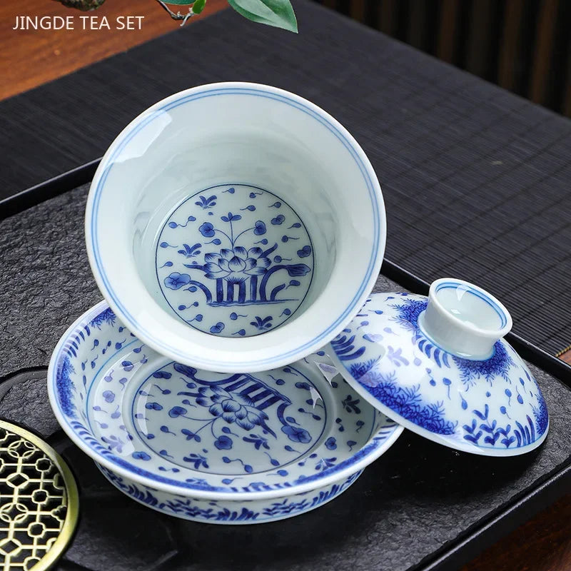 Luxurious 150ml Blue and White Porcelain Gaiwan – Handmade Tea Tureen