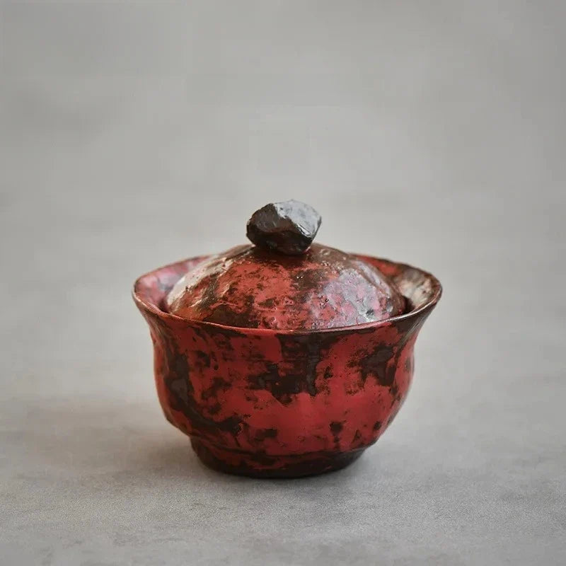 120ml Handmade Powder Yin Red Gaiwan – Japanese Coarse Pottery Tea Tureen