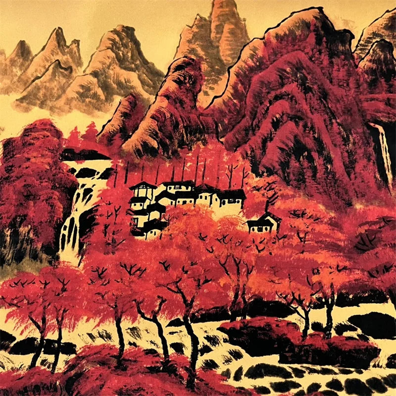 Chinese Red Mountains Long Scroll – Li Keran–Inspired Landscape on Old Scroll Paper