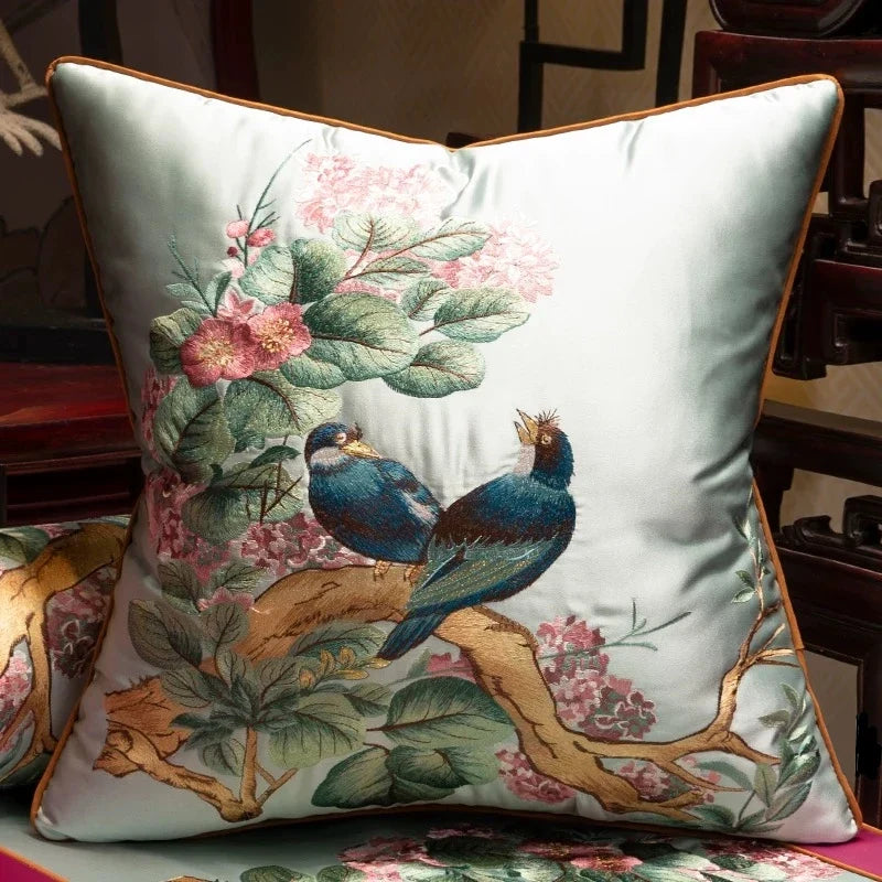 Embroidered Magpies Silk‑Like Pillowcase – Asian Home Decor 18" × 18"