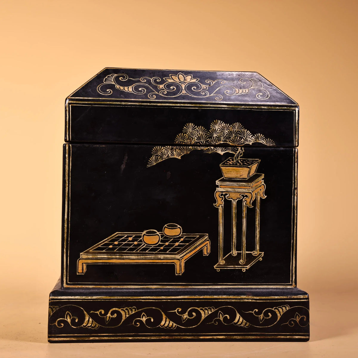 6" Tibetan Temple Collection Vintage Wood Lacquerware Storage Trunk, Pedestal with Bonsai Tea Table