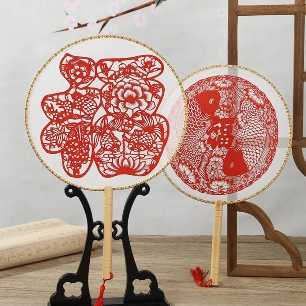Chinese Paper-Cut Silk Round Hand Fan with Tassel