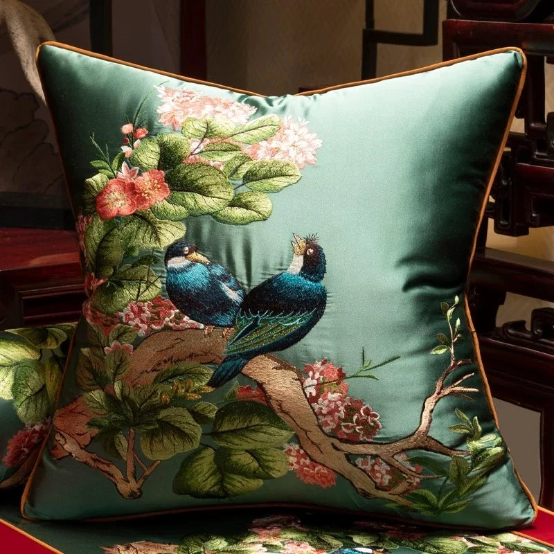 Embroidered Magpies Silk‑Like Pillowcase – Asian Home Decor 18" × 18"