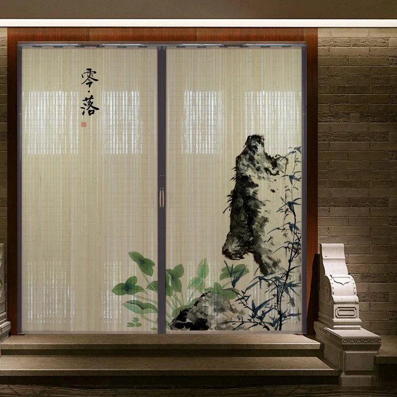Printed Bamboo Sliding Door Partition Traditional Chinese Room Divider Foldable Screen