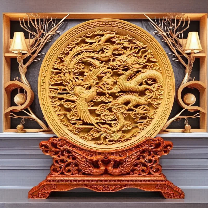 Wood Carving Dragon and Phoenix Round Carving Art Statue High Quality