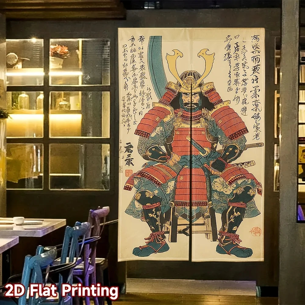 Japanese Samurai Warrior Armor Noren Curtain – Traditional Ukiyo-e Linen Door Divider
