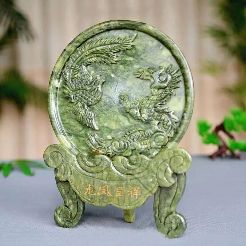 100% Natural Xinyi Jade Sculpture with Carved Dragon and Phoenix Design