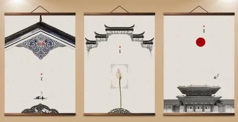 AS3053 Chinese Style Chinese Traditional Building Flower Room Wall Art Canvas Posters Chinese Solid Wood Scroll Paintings