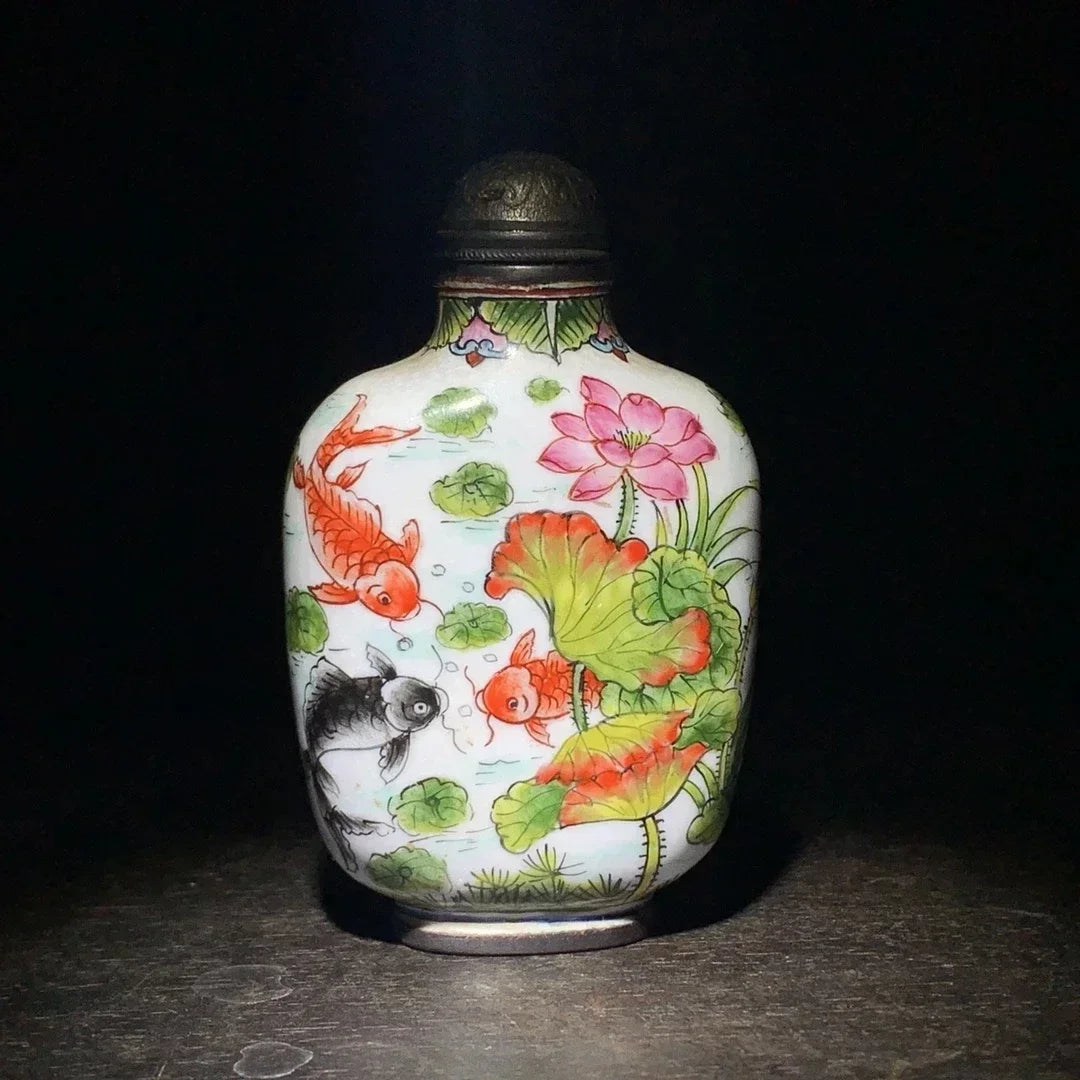Enamel Chinese Porcelain Snuff Bottle with Cloisonne - Fish Design
