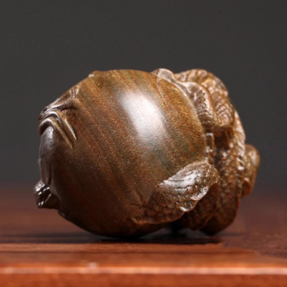 2.7" Green Sandalwood Netsuke – Hand-Carved Baby Dragon on Gourd