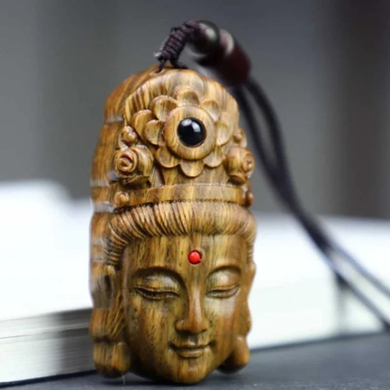 Green Sandalwood Kwan Yin Mask Netsuke – Carved Figurine 5.5 cm