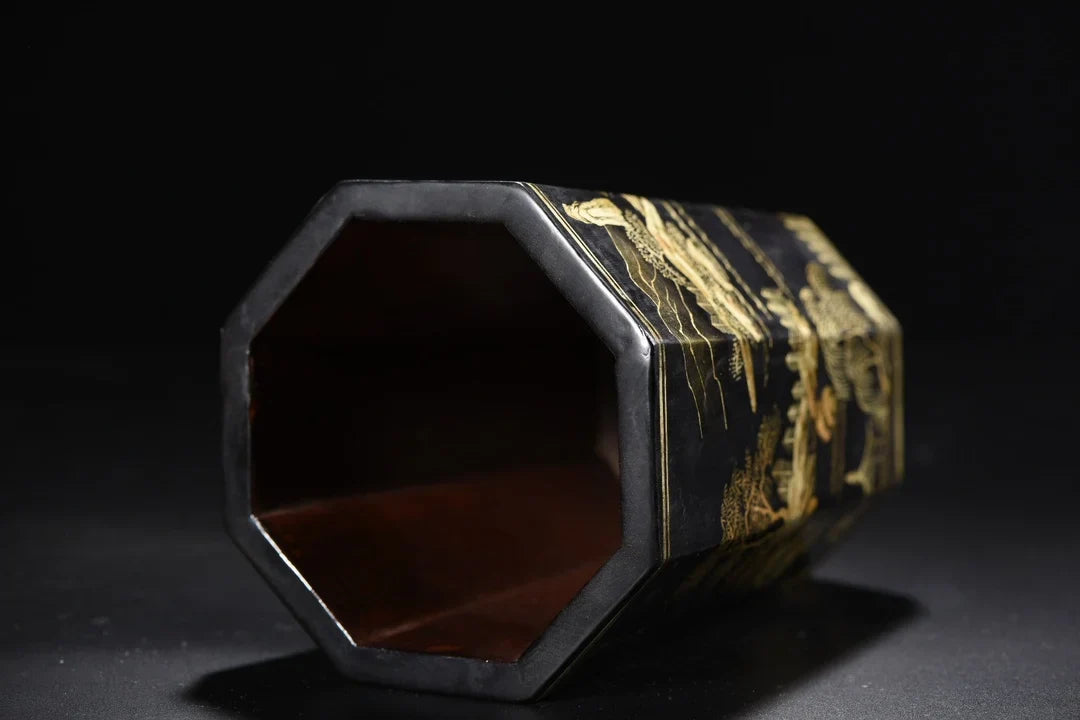 Nepalese Folk Lacquerware Pen Holder – Gold-Outlined Landscape Brush Pot (6")