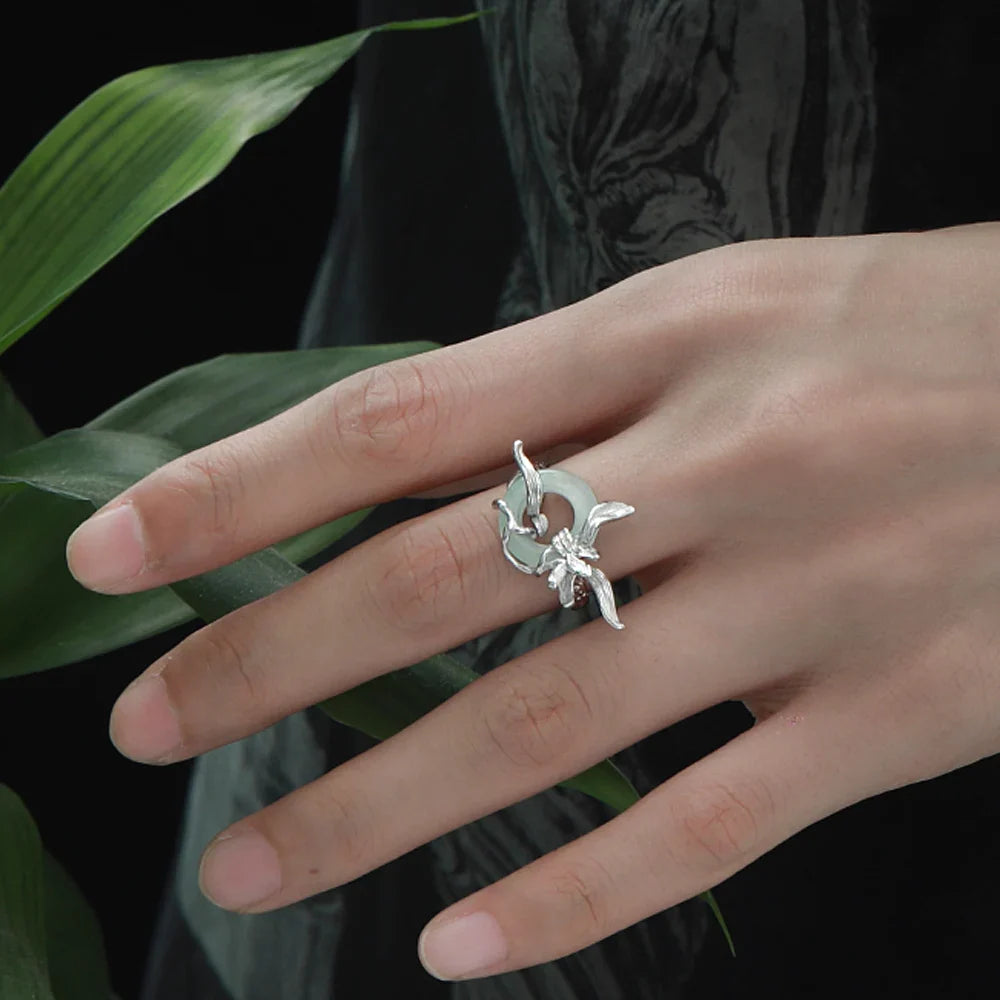 Sterling Silver Orchid Round Jade Adjustable Ring
