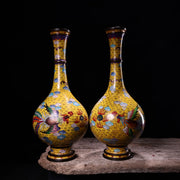 Tibetan Temple Vintage Cloisonné Dragon & Phoenix Vases – Bronze Bottle Pair (House Guardians)