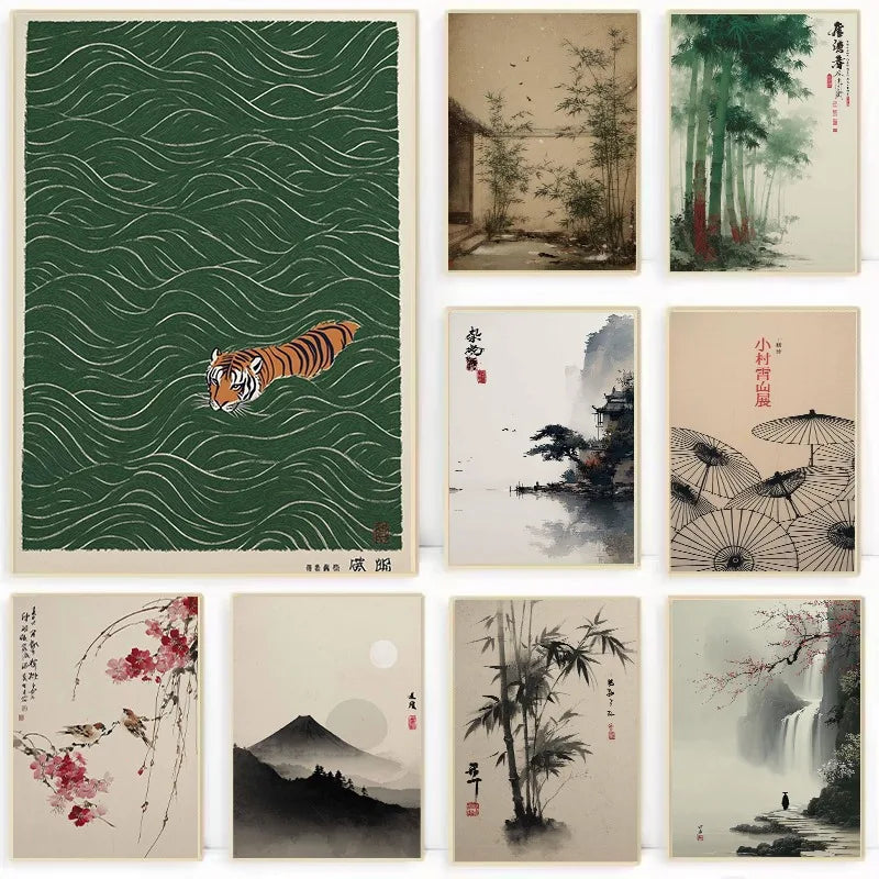 Japanese Traditional Asian Landscape Poster Retro Ukiyo-e Zen Ink Mountain Scenery Canvas Painting Wall Art for Room Home Decor