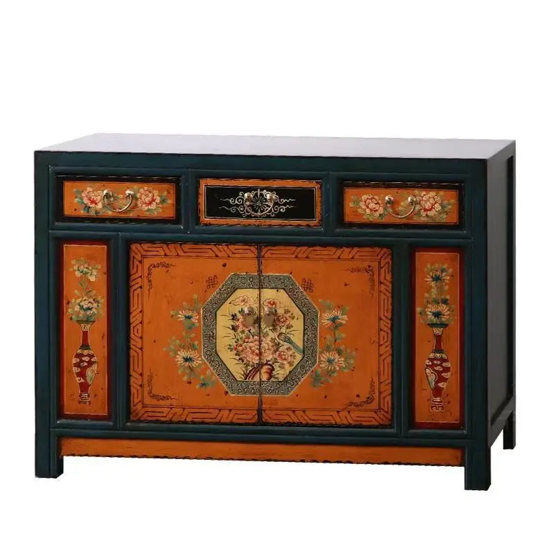 Hand-Painted Ming–Qing Style Entrance Cabinet – Solid Wood Two-Door Sideboard