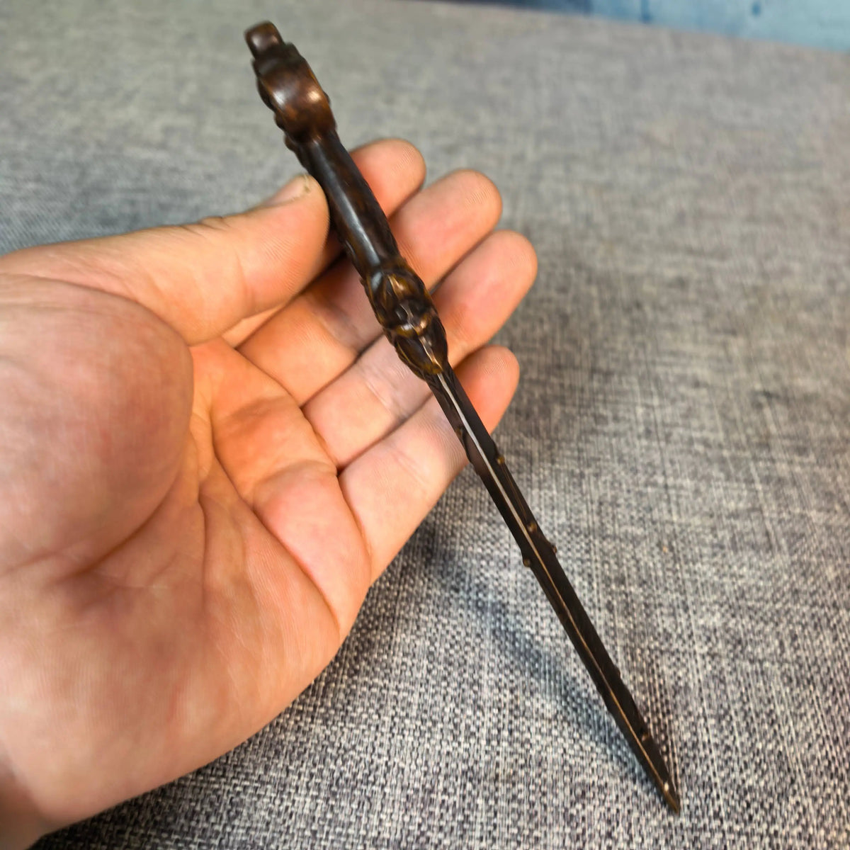 Tibetan Temple Brass Seven-Star Vintage Vajra Sword – Lion-Head Wenshu Phurpa Amulet