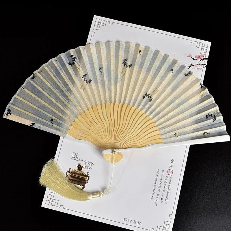 Vintage Bamboo & Silk Folding Hand Fan – Art Floral Design