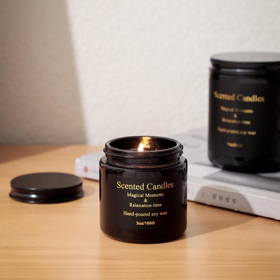 Glossy Black Glass Cups with Gold Foil Packaging Soy Wax Scented Candle, Eco-Friendly Low-Smoke Aromatherapy Home Fragrance Gift Decor
