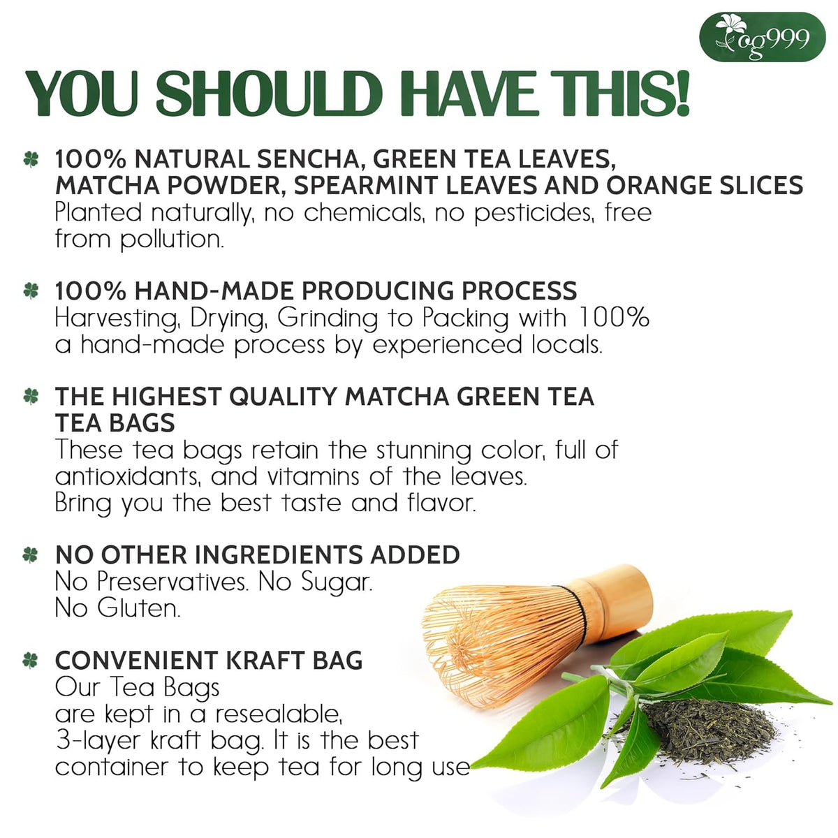 Premium Matcha Green Tea Bags | Blend of Sencha, Green Tea, Spearmint & Orange Slices