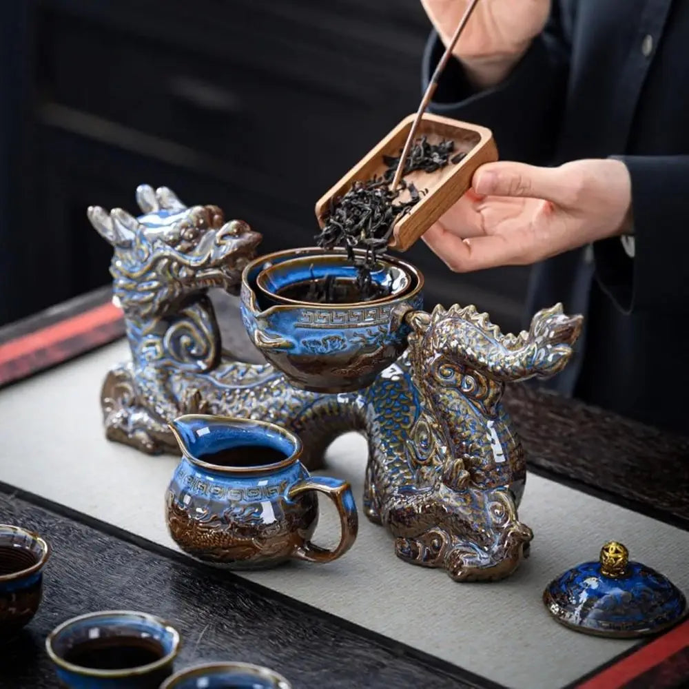 Chinese Gongfu Tea Set – 360° Rotating Teapot with Infuser & 6 Cups (Dragon Design)