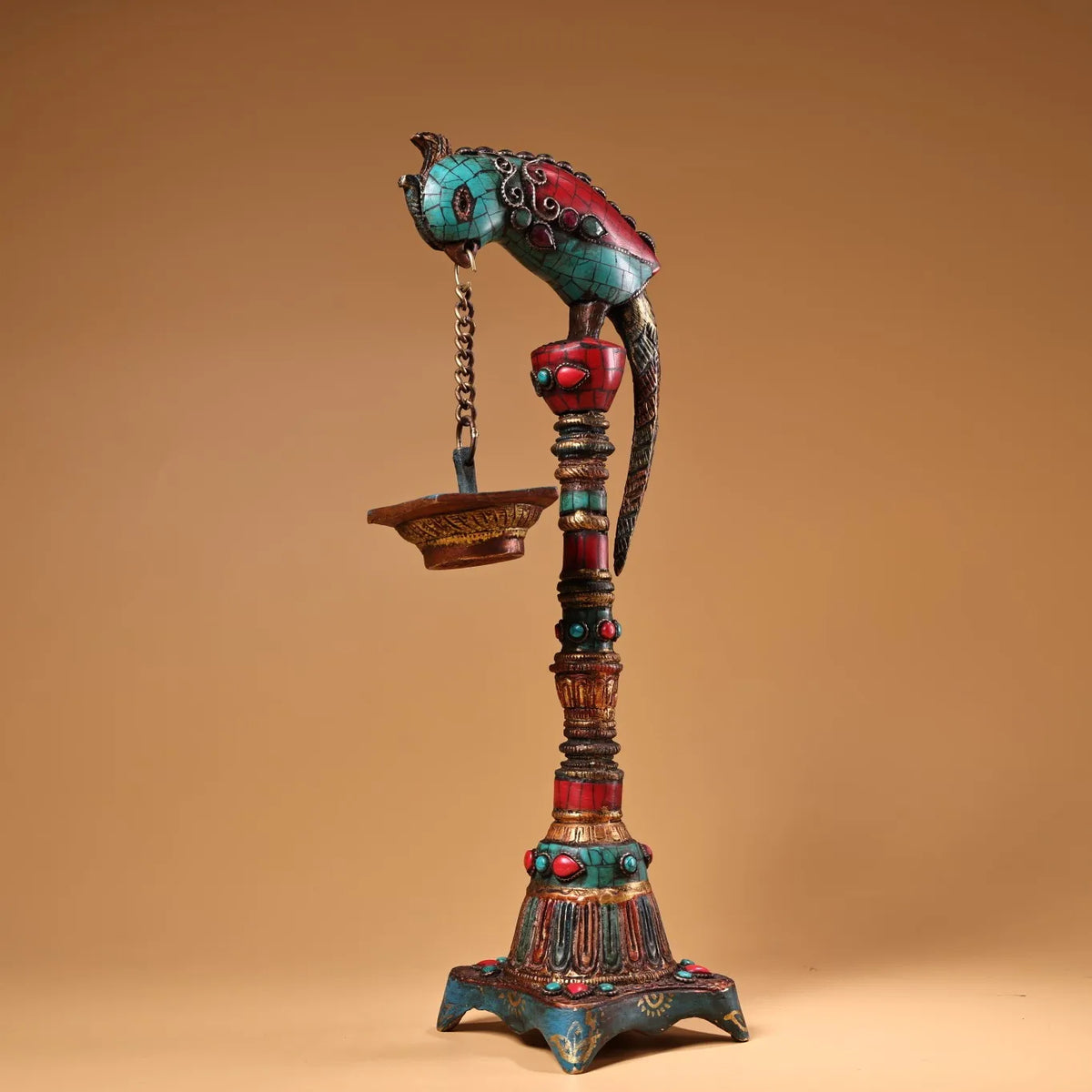 13" Tibetan Temple Bronze Outline in Gold Mosaic Gem Turquoise Buddha Bird Statue Hanging Oil Lamp Lotus Candlestick