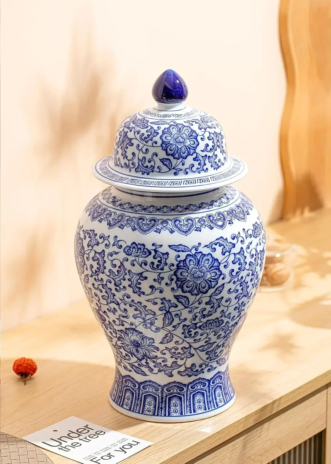 15-Inch-High Gloss Ceramic Blue White Ginger Jar Chinoiserie Decor
