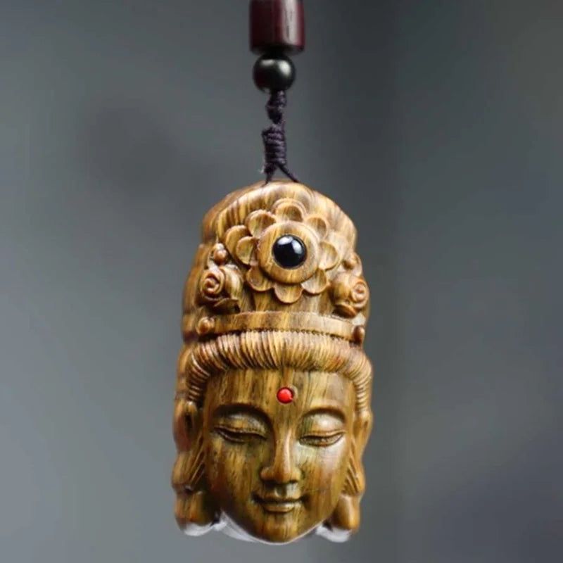 Green Sandalwood Kwan Yin Mask Netsuke – Carved Figurine 5.5 cm