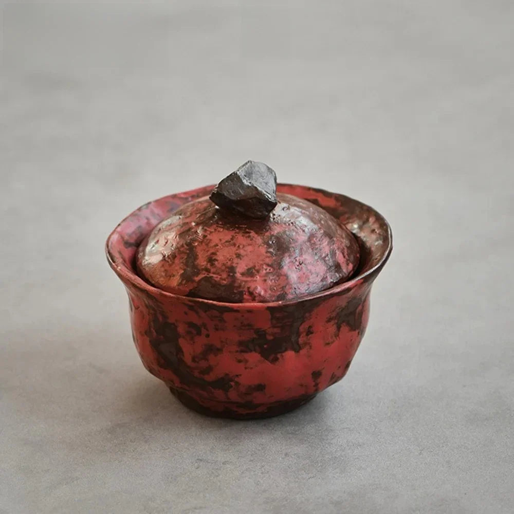 120ml Handmade Powder Yin Red Gaiwan – Japanese Coarse Pottery Tea Tureen