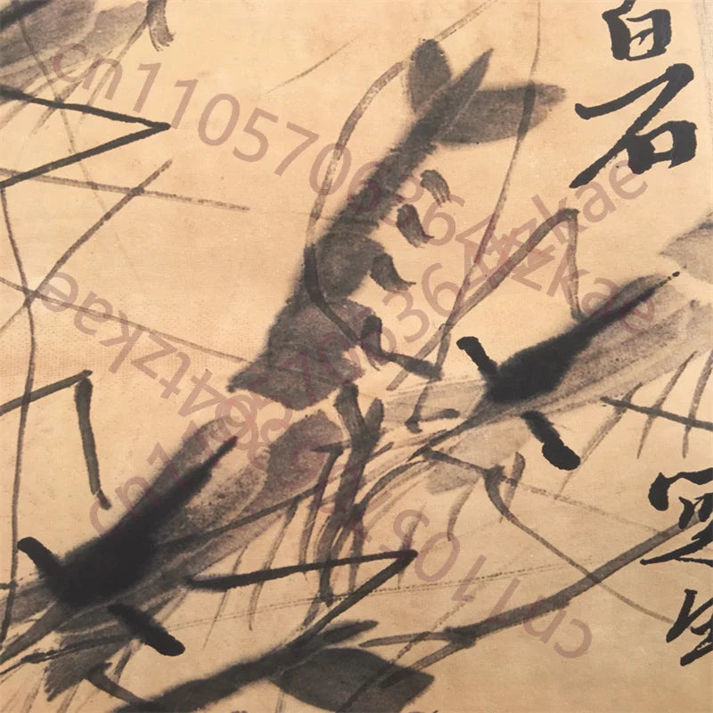 Qi Baishi Style “Eight Shrimp” Rice Paper Scroll Wall Decor