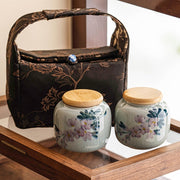 Hand-painted Magnolia Tea Storage Containers and Brocade Bag