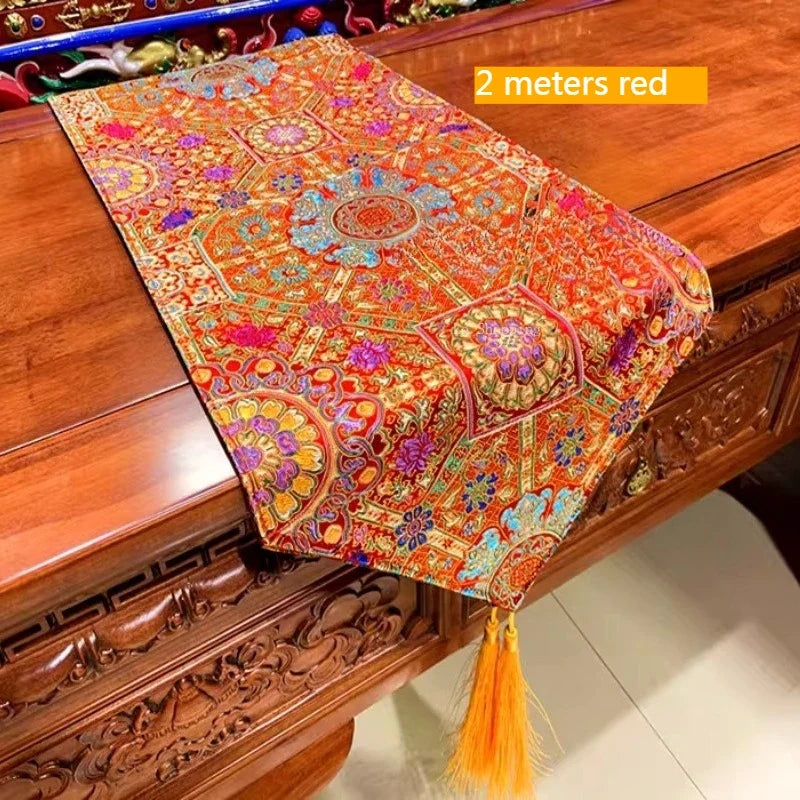 1.5m*35cm/2m*35cm Tibetan Style Satin Fabric Table Flag/Retro Rich Lotus PatternClassical Coffee Table Cloth Buddhist Decoration