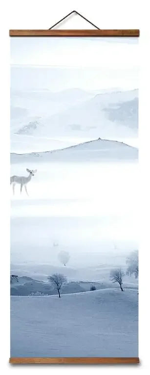 Chinese Snow Mountain Deer & Bird Canvas Scroll – Blue & White