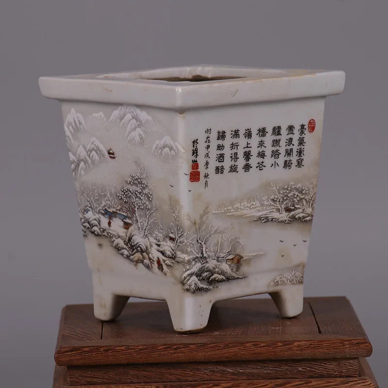 Chinese Snowscape Pastel Porcelain Flower Pots – Antique-Style Planters