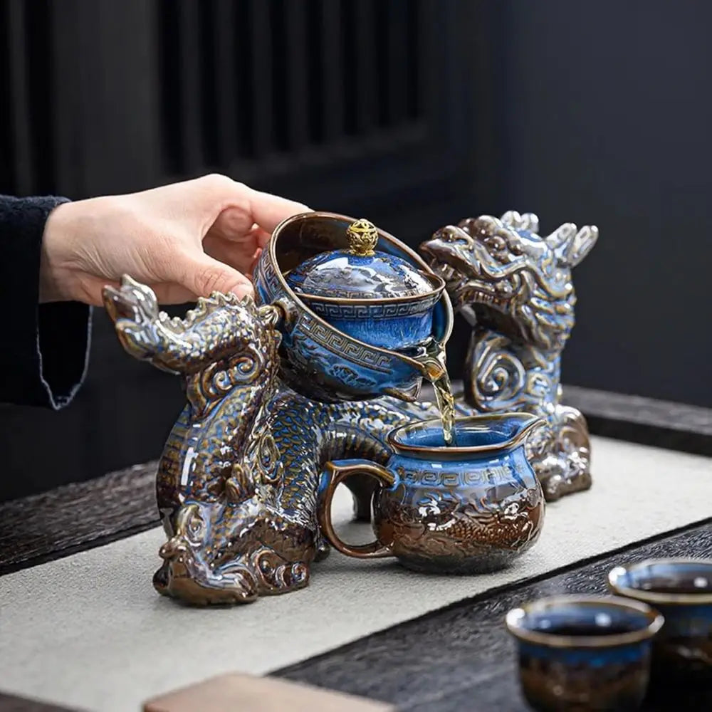 Chinese Gongfu Tea Set – 360° Rotating Teapot with Infuser & 6 Cups (Dragon Design)