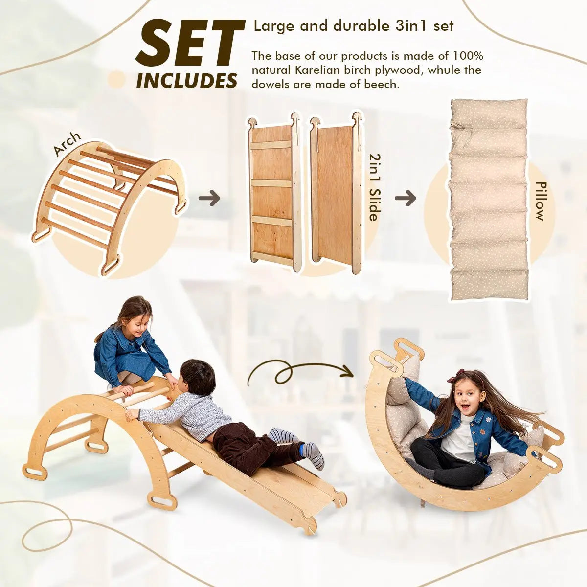 3in1 Montessori Climbing Set: Climbing Arch + Slide Board + Cushion - Beige