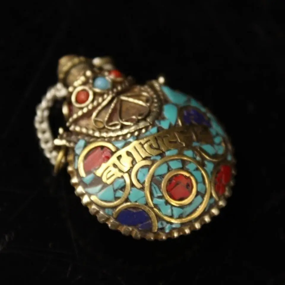 Antique Tibetan Solid Copper Snuff Bottle, Fully Handcrafted Inlaid with Gemstones