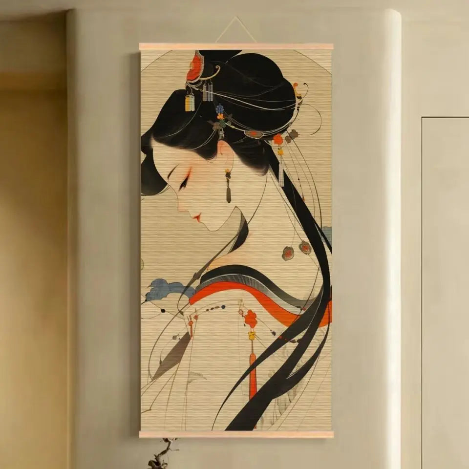 Handmade Bamboo Scroll Tapestry Wall Hanging, Classical Lady Ink Painting for Boutique Hotel Bar Living Room House Decor