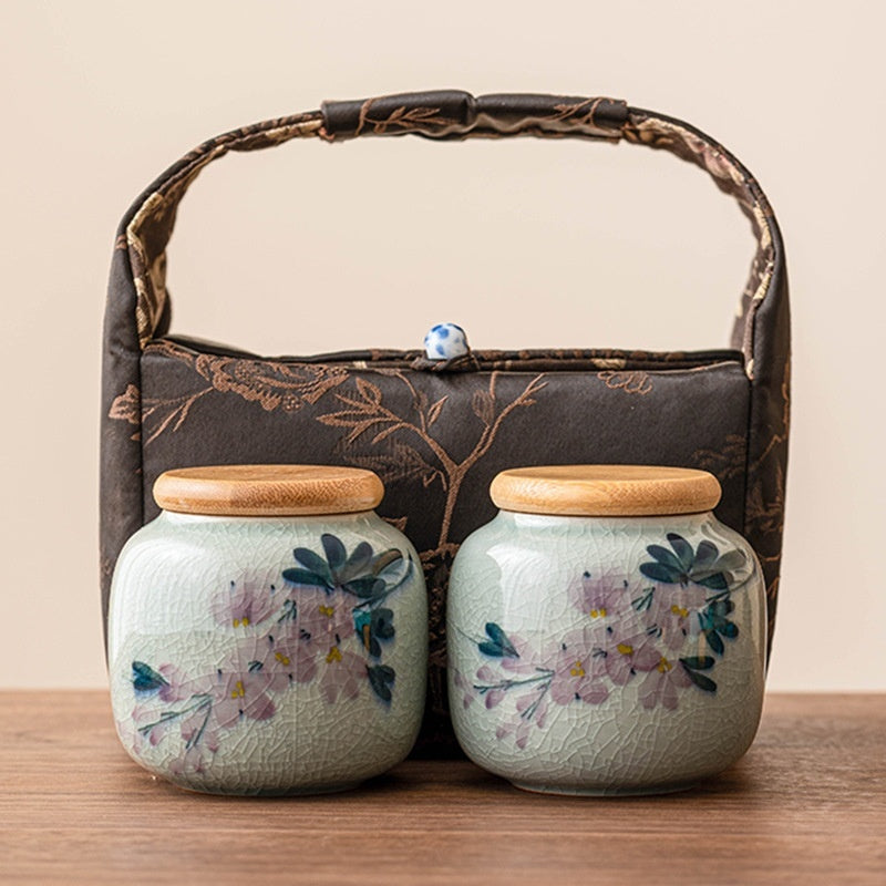 Hand-painted Magnolia Tea Storage Containers and Brocade Bag