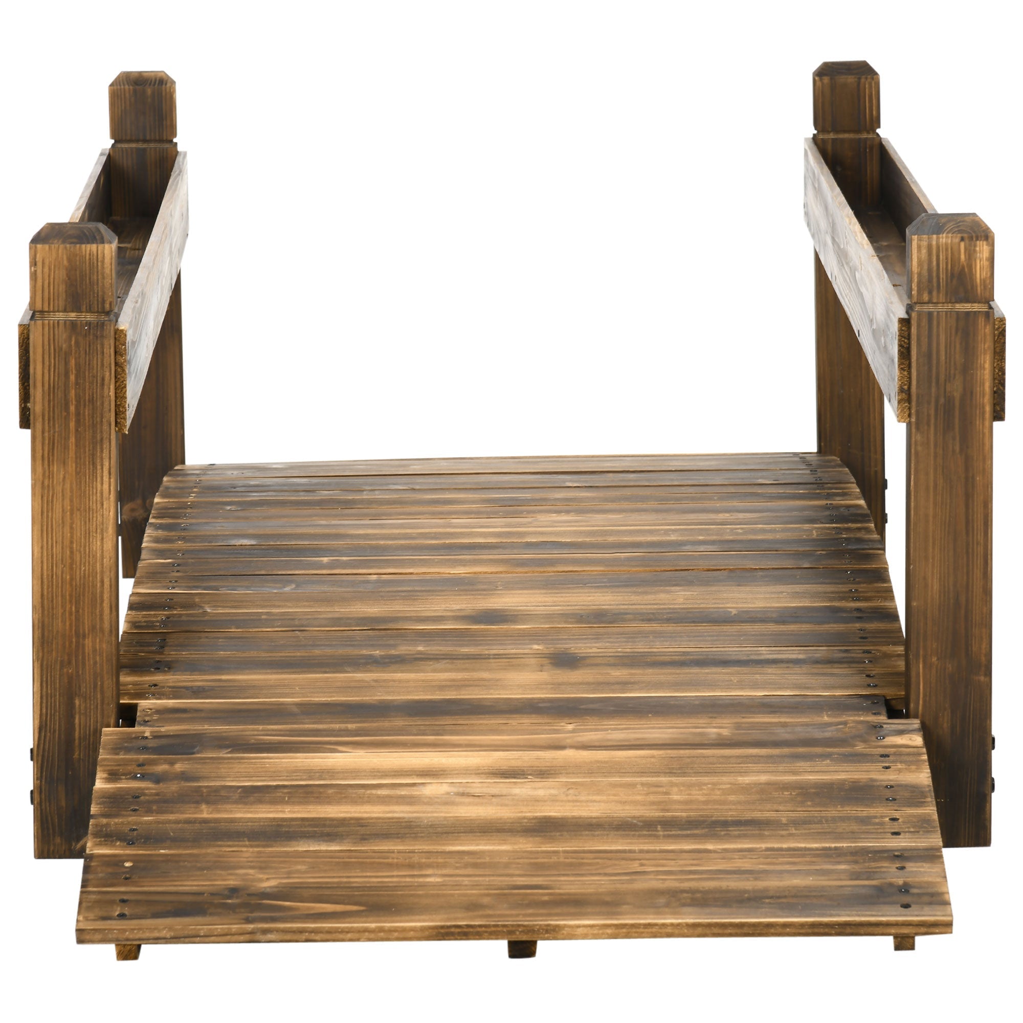 7.5 Wooden Garden Bridge with Planters, Stained Finish Arc Footbridge with Safety Railings for Backyard, Pond Stream, Stained Wood