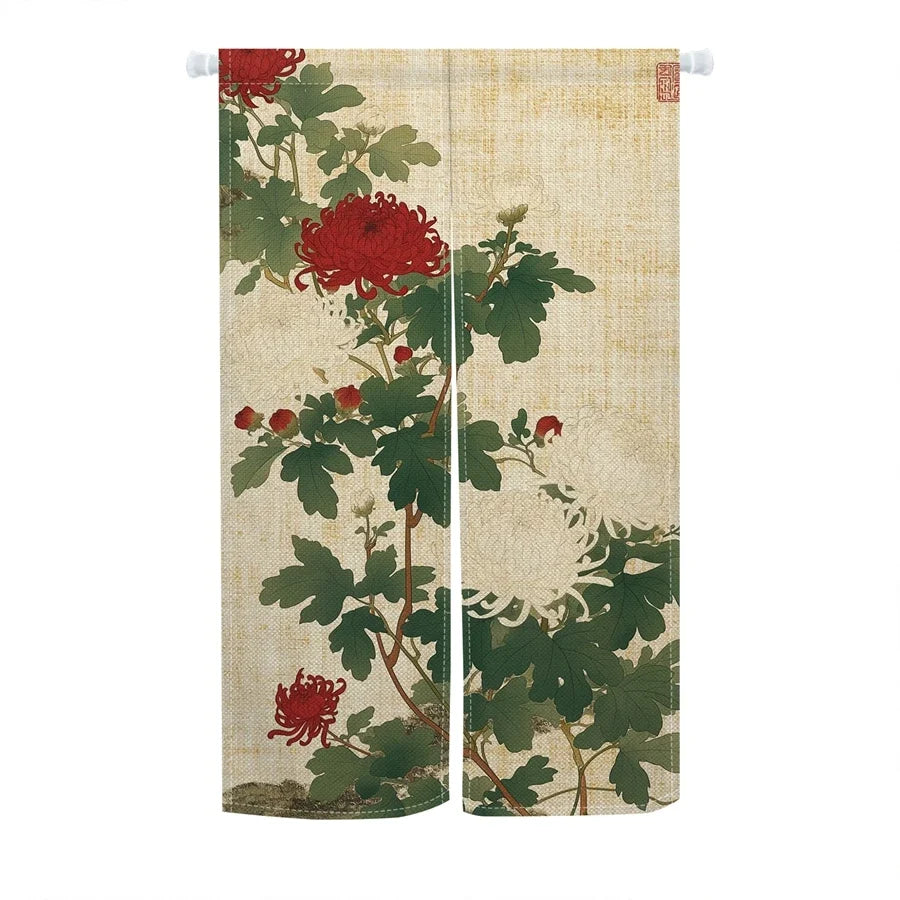Japanese Ukiyo-e Floral Noren Door Curtain – Linen Blend Room Divider