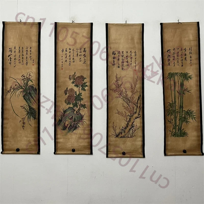 China Old Four‑Panel Scroll Painting – Middle Hall Hanging, Jiawu Year