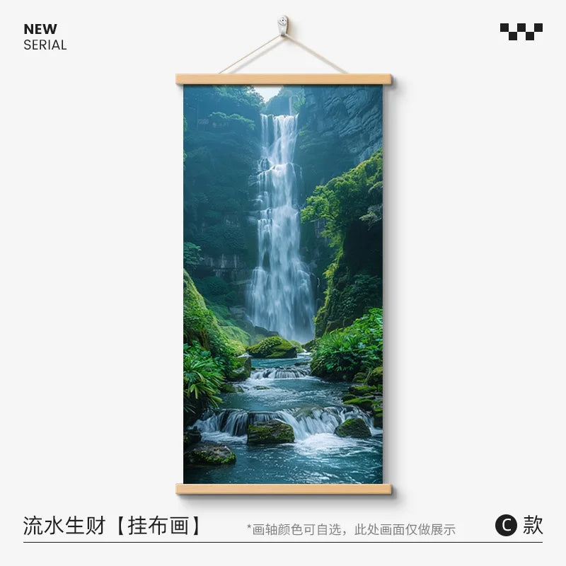 Chinese Style Landscape Wall Art, Flowing Water Wealth Lucky Pine Tree Feng Shui Hanging Painting for Living Office Room Decor